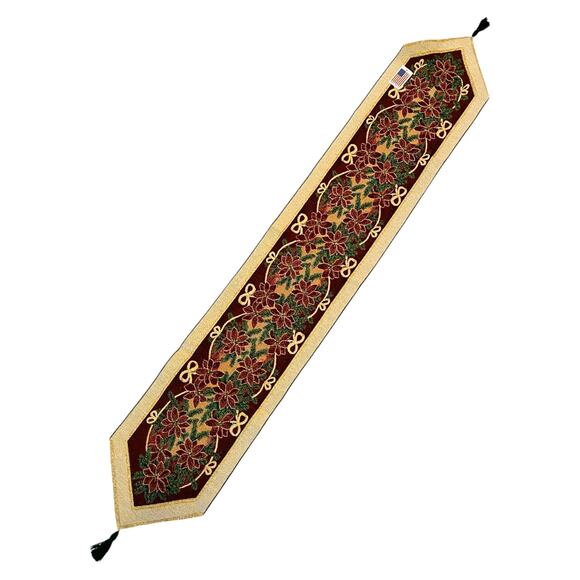 Christmas Tapestry Table Runner Poinsettia Ribbon Maroon Green Metallic 72" NEW - Picture 1 of 9